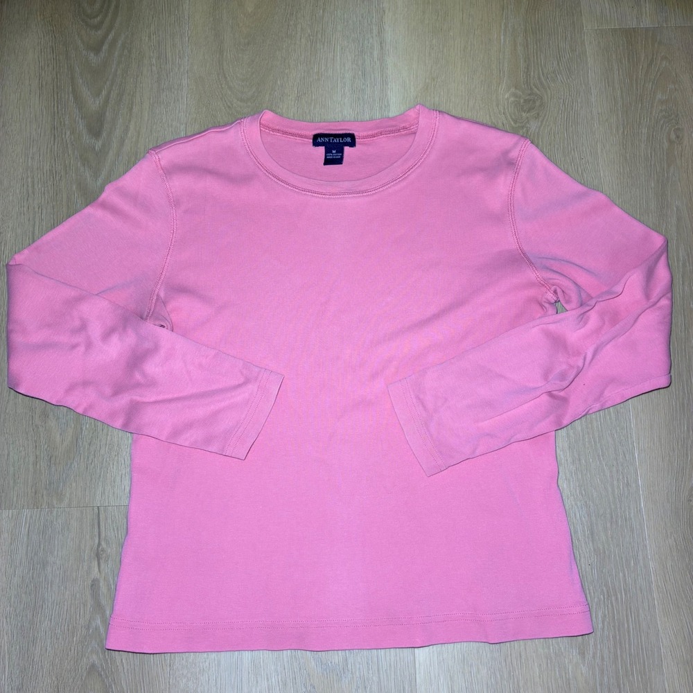 Ann Taylor Pink Long Sleeve Cotton T-Shirt Crew Neck Top Womens Medium USA Made